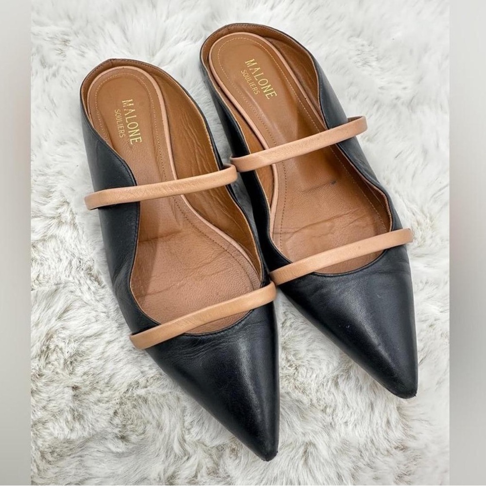 Malone Souliers‎ Maureen black Leather flat Mules Camel straps slides 38 Size 8